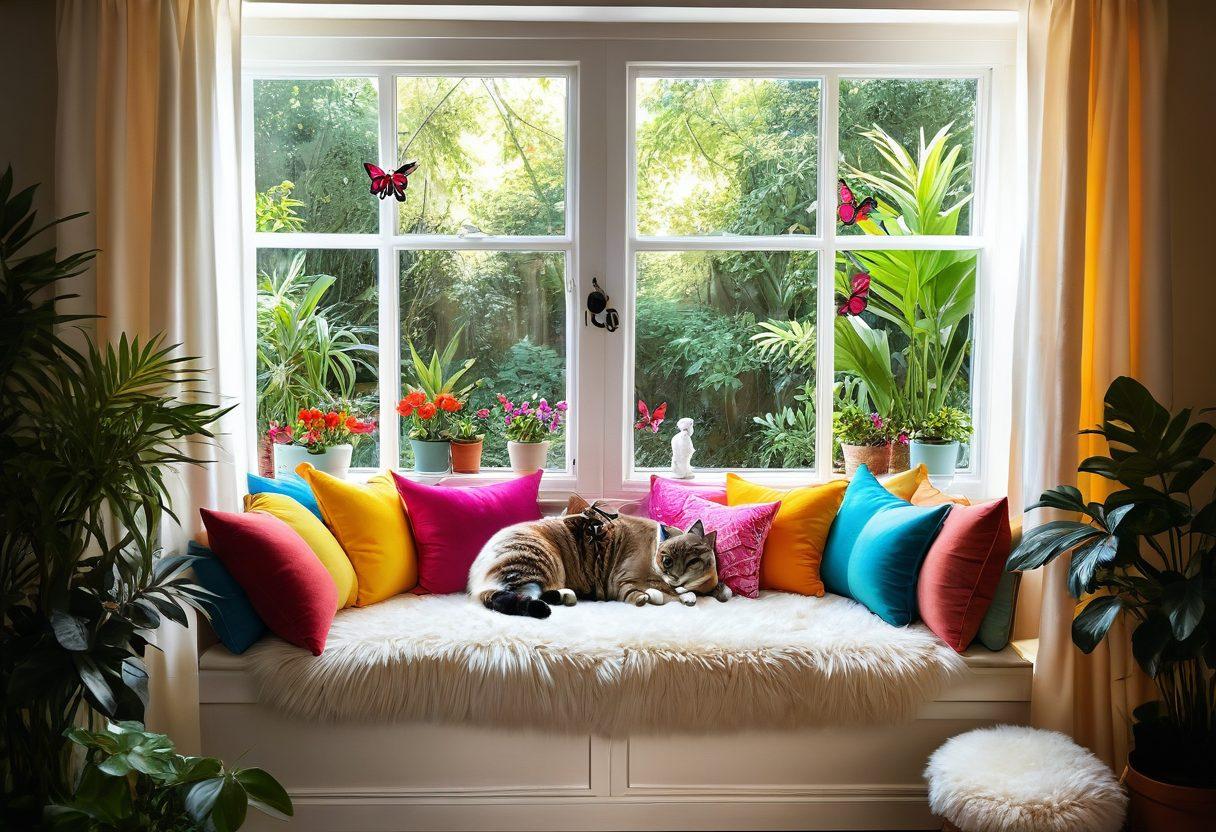 A cozy room filled with colorful cat toys, plush cushions, and a sunny window seat where a fluffy cat lounges, surrounded by indoor plants. Soft light filtering through sheer curtains, creating a warm and inviting atmosphere. Birdhouses and butterflies illustrated outside the window, enhancing the cheerful vibe. whimsical art style. vibrant colors. soft focus.